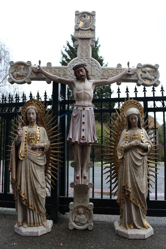 3 Gothic - style Exceptional Fully Hand-Carved Statues  / Gothic St .Mary & Sacred Heart / Romanesque Jesus / Wood / Signed