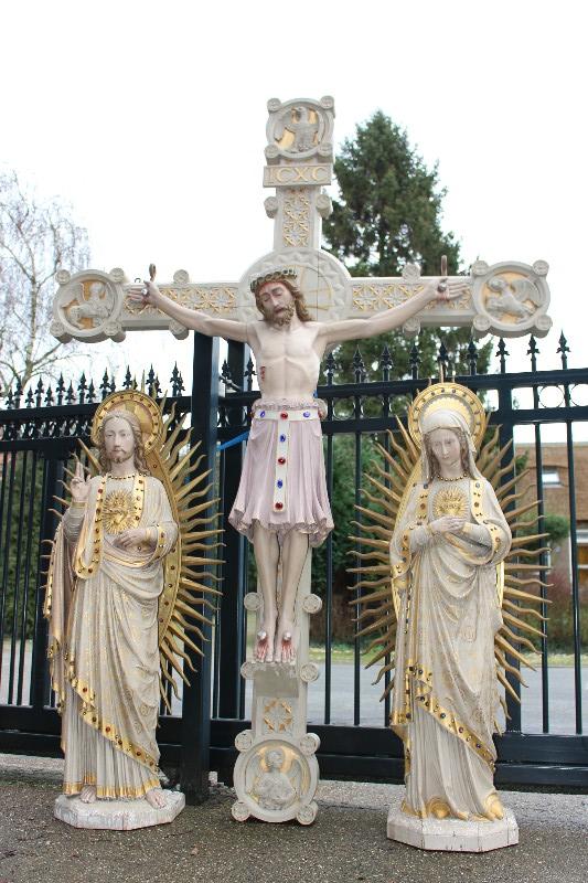 3 Gothic - style Exceptional Fully Hand-Carved Statues  / Gothic St .Mary & Sacred Heart / Romanesque Jesus / Wood / Signed