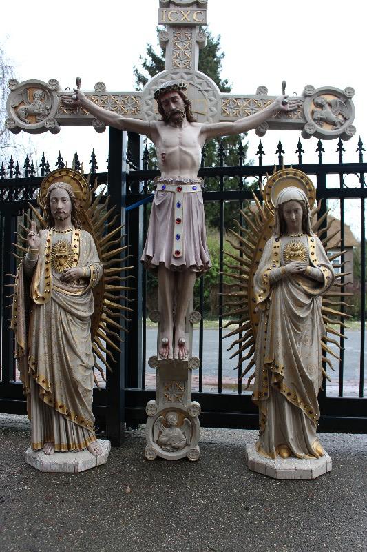 3 Gothic - style Exceptional Fully Hand-Carved Statues  / Gothic St .Mary & Sacred Heart / Romanesque Jesus / Wood / Signed