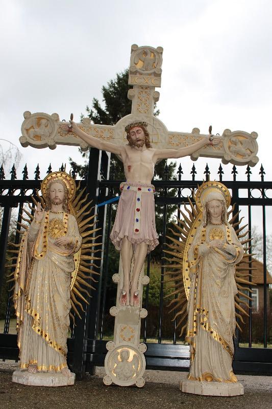 3 Gothic - style Exceptional Fully Hand-Carved Statues  / Gothic St .Mary & Sacred Heart / Romanesque Jesus / Wood / Signed