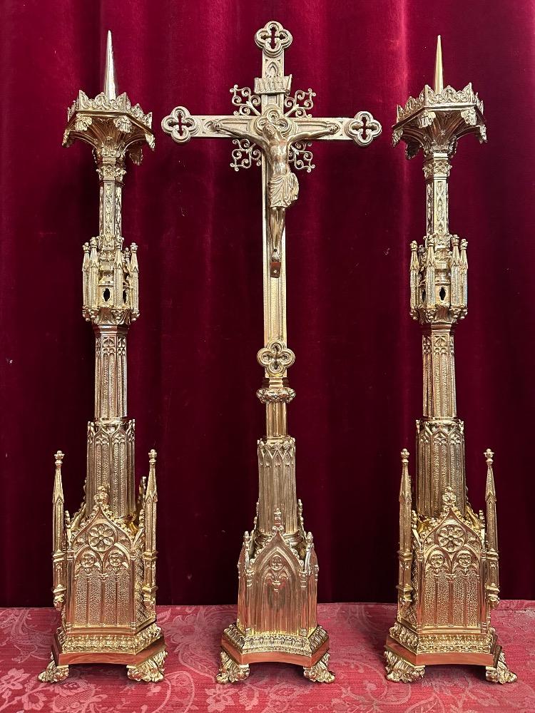 3 Gothic - style Matching Pair Candle Holders With Cross. Measures Candle Holders Without Pin
