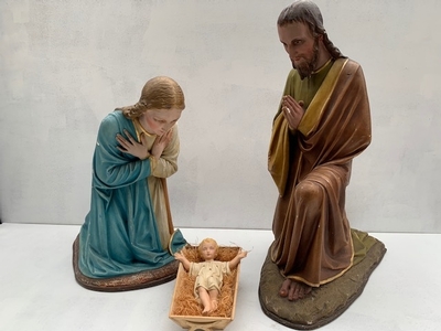 Nativity Set Height St. Joseph 110 Cm ! en plaster polychrome, Belgium 19th century