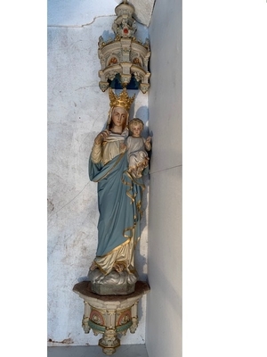 St. Mary Statue With Matching Pedestal And Baldachin en Terra-Cotta Polychrome, France 19th century ( anno 1875 )