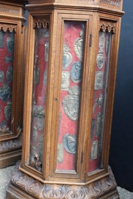 Exceptional And Extreme Rare Series Of 4 Cabinet Stands Inside Cylinders With Hundreds Of Silver Ex Voto S style Baroque en Oak wood / EX VOTO SILVER, Belgium 1890