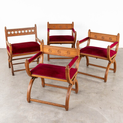 Chairs  style Gothic - Style en Oak Wood / Red Velvet, Belgium  19 th century