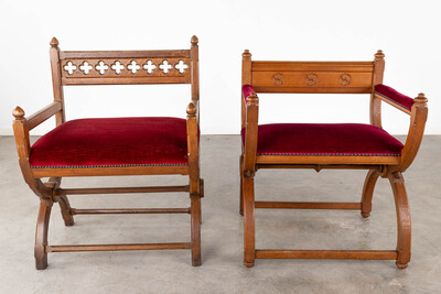 Chairs  style Gothic - Style en Oak Wood / Red Velvet, Belgium  19 th century