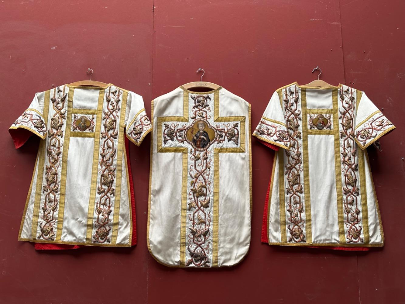 4  Gothic - Style  Complete High - Mass Set, With Chasuble , 2 Dalmatics, Cope, 3 Maniples, 2 Stoles, Burse & Chalice - Veil.