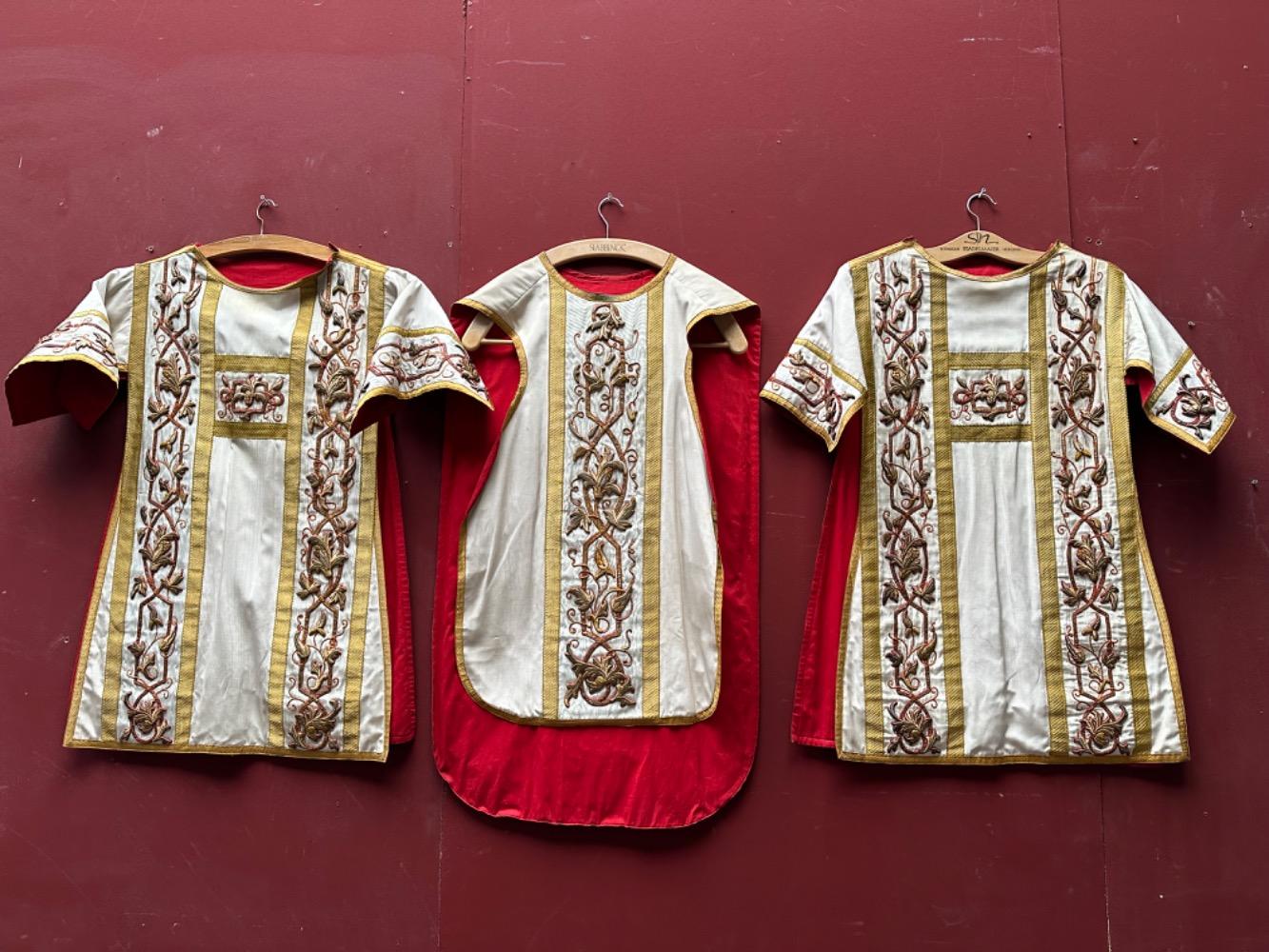 4  Gothic - Style  Complete High - Mass Set, With Chasuble , 2 Dalmatics, Cope, 3 Maniples, 2 Stoles, Burse & Chalice - Veil.