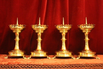 Matching Candle Sticks style Gothic - style en Brass / Polished / New Varnished, Belgium 19th century