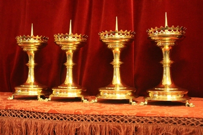 Matching Candle Sticks style Gothic - style en Brass / Polished / New Varnished, Belgium 19th century