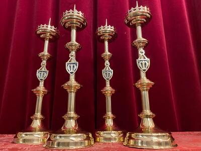 Matching Candle Sticks Height Without Pin. style Gothic - Style en Brass / Bronze / Polished and Varnished, Belgium  19 th century