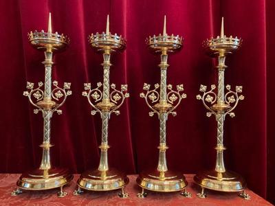 Matching Candle Sticks Height Without Pin.  style Gothic - style en Brass / Bronze / Polished and Varnished, Belgium 19 th century ( Anno 1890 )