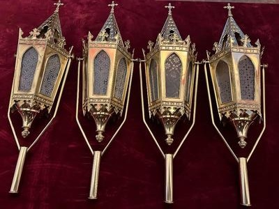 Matching Lanterns style Gothic - Style en Brass / Bronze / Polished and Varnished / Glass, Belgium  19 th century ( Anno 1885 )