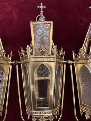 Matching Lanterns style Gothic - Style en Brass / Bronze / Polished and Varnished / Glass, Belgium  19 th century ( Anno 1885 )