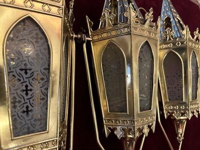 Matching Lanterns style Gothic - Style en Brass / Bronze / Polished and Varnished / Glass, Belgium  19 th century ( Anno 1885 )