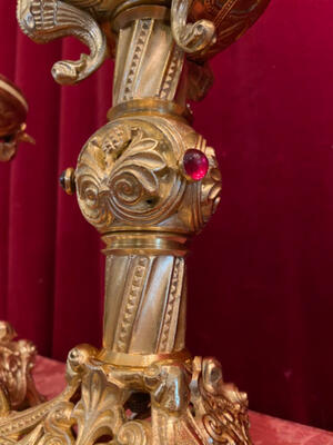 Matching Candle Sticks Measures Without Pin  style Romanesque - Style en Bronze / Gilt Polished and Varnished / Stones, France 19 th century ( Anno 1890 )