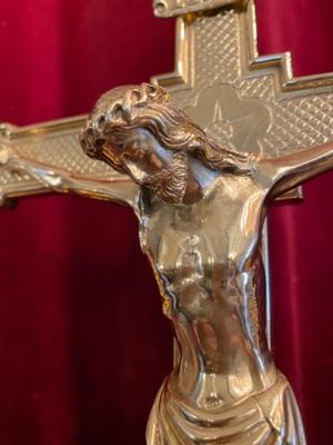 Candle Sticks With Matching Cross Altar Set  Measures: Cross style Gothic - style en Bronze / Polished and Varnished, Belgium 19 th century ( Anno 1890 )