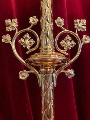 Candle Sticks With Matching Cross Altar Set  Measures: Cross style Gothic - style en Bronze / Polished and Varnished, Belgium 19 th century ( Anno 1890 )