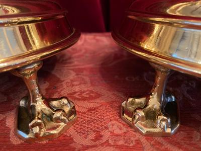 Candle Sticks With Matching Cross Altar Set  Measures: Cross style Gothic - style en Bronze / Polished and Varnished, Belgium 19 th century ( Anno 1890 )