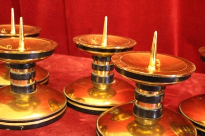 Matching Candle-Holders style ART - DECO en Brass / Bronze / Ebony wood, Belgium 20th century (Anno 1930)