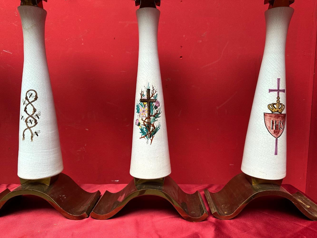 6 art - deco Matching Candle Holders Hand Painted Symbols High Quality Glazed