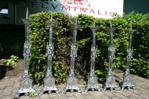 Altar - Set Matching Candle Sticks  style Gothic - style en Brass / Bronze / Silvered - Plated, France 19th century