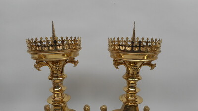 Matching Candle Sticks  style Gothic - style en Brass / Bronze , Belgium 19th century