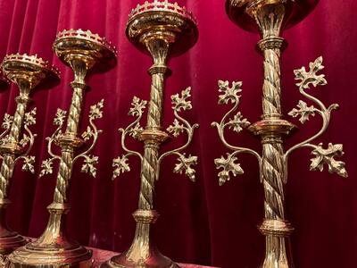 Matching Candle Sticks ( Altar - Set ) Height Without Pin. style Gothic - Style en Brass / Bronze , Belgium  19 th century ( Anno 1885 )