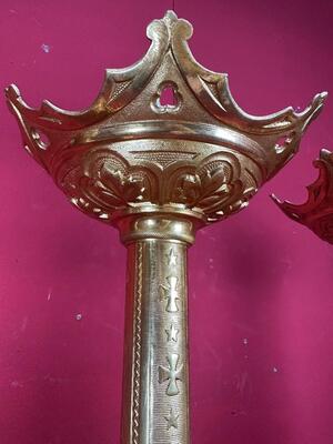 Matching Candle Sticks Height Without Pin. style Gothic - Style en Bronze Gilt / Polished and Varnished, France 19 th century ( Anno 1885 )