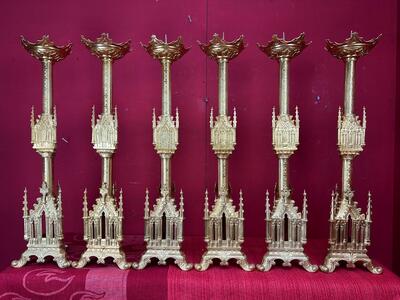 Matching Candle Sticks Height Without Pin. style Gothic - Style en Bronze Gilt / Polished and Varnished, France 19 th century ( Anno 1885 )