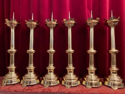 Matching Candle Sticks Altar - Set. Height Without Pin. en Brass /  Polished and Varnished, Belgium  19 th century