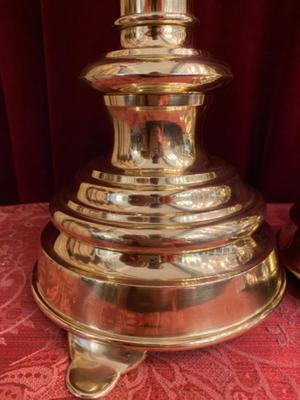 Matching Candle Sticks Altar - Set. Height Without Pin. en Brass /  Polished and Varnished, Belgium  19 th century