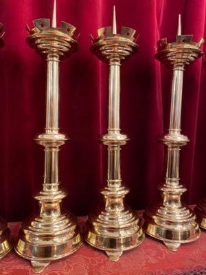 Matching Candle Sticks Altar - Set. Height Without Pin. en Brass /  Polished and Varnished, Belgium  19 th century