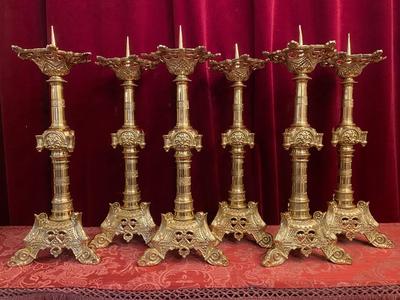 Matching Candle Sticks Altar Set Height Without Pin. style Romanesque en Brass / Polished / New Varnished, France 19th century ( anno 1890 )