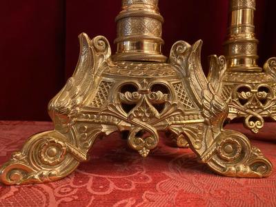 Matching Candle Sticks Altar Set Height Without Pin. style Romanesque en Brass / Polished / New Varnished, France 19th century ( anno 1890 )