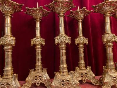 Matching Candle Sticks Altar Set Height Without Pin. style Romanesque en Brass / Polished / New Varnished, France 19th century ( anno 1890 )