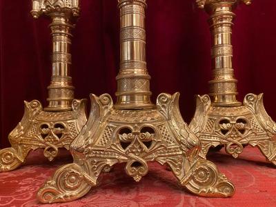 Matching Candle Sticks Altar Set Height Without Pin. style Romanesque en Brass / Polished / New Varnished, France 19th century ( anno 1890 )