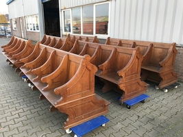 Series Of 6 Matching Solid Oak 4 - Seats Choir - Furniture style Romanesque en wood oak, Belgium anno 1900