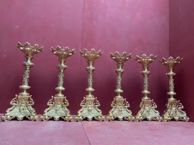 Matching Candle Sticks Altar Set Height Without Pin. Weight Each 10 Kgs ! style Romanesque - Style en Bronze / Polished and Varnished, France 19 th century ( Anno 1865 )