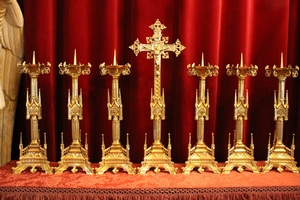 Altar Set Height Cross 70 Cm. Measures Candle Sticks Without Pin style Gothic en Bronze / Polished and Varnished, France 19th century