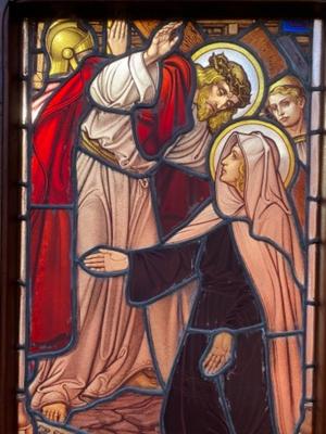 Stunning Series Of High Quality Stained Glass Windows style Gothic - style en Stained Glass / Wooden Frames, Belgium 19 th century ( Anno 1875 )