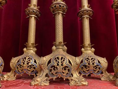 Altar - Set Candle Sticks With Matching Cross. Height Cross: 64 Cm  H X 24 Cm W. X 16 D. Measures Candle Sticks H 55 Cm Without Pin style Romanesque - Style en Brass / Bronze / Gilt, France 19 th century ( Anno 1865 )