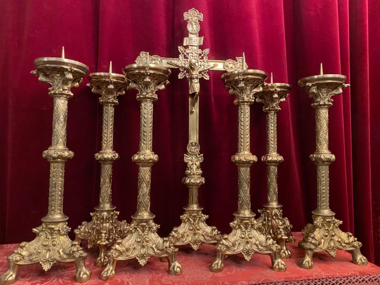 7 Romanesque - Style Altar - Set Candle Sticks With Matching Cross. Height Cross:  80 Cm  H X 38 Cm W.