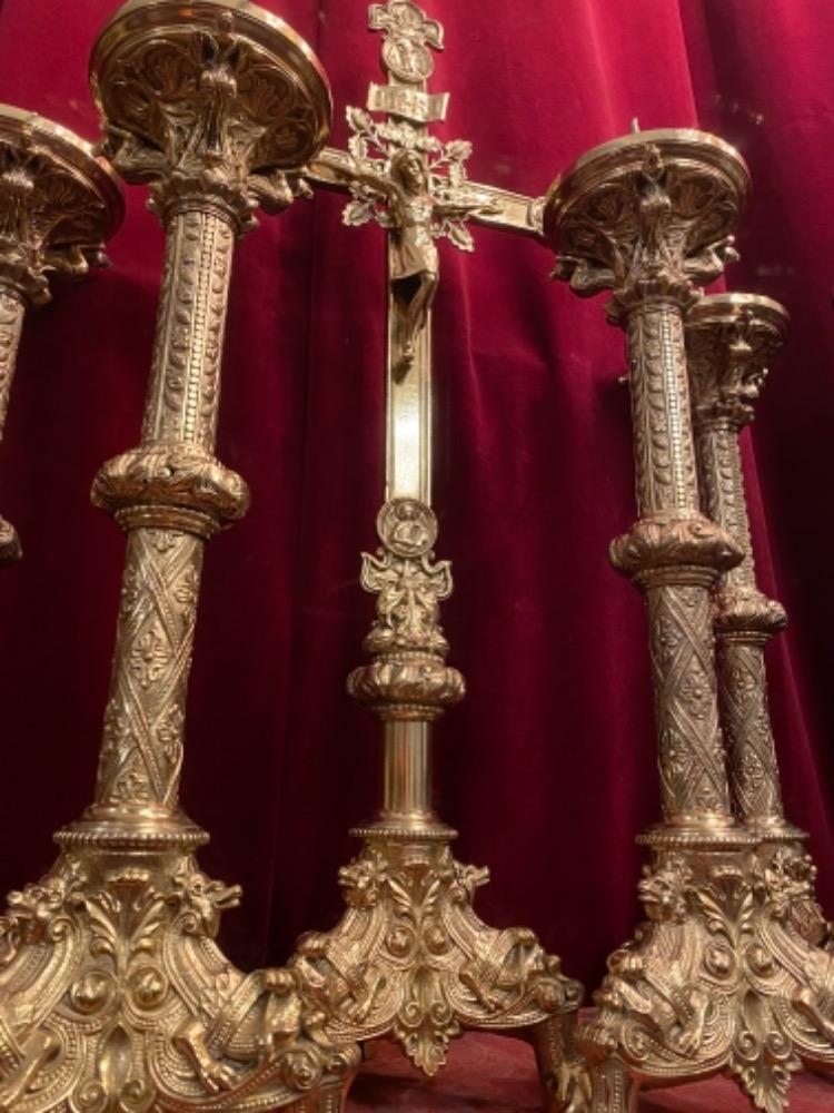 7 Romanesque - Style Altar - Set Candle Sticks With Matching Cross. Height Cross:  80 Cm  H X 38 Cm W.