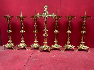 7 Romanesque - Style Altar - Set Matching Candle Sticks With Cross. Measures Candle Sticks Without Pin