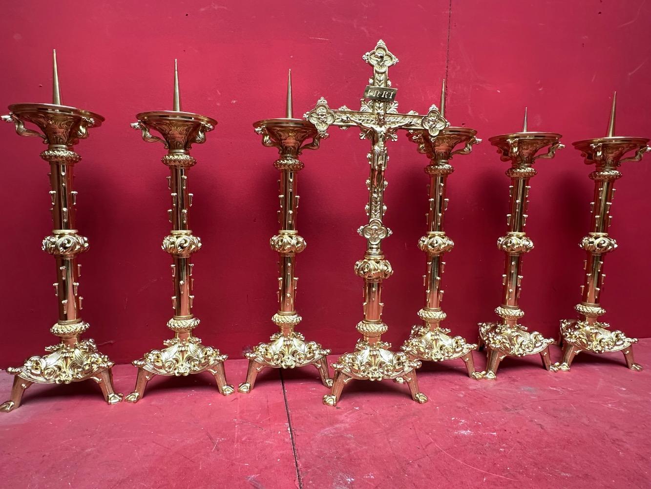 7 Romanesque - Style Altar - Set Matching Candle Sticks With Cross. Measures Candle Sticks Without Pin