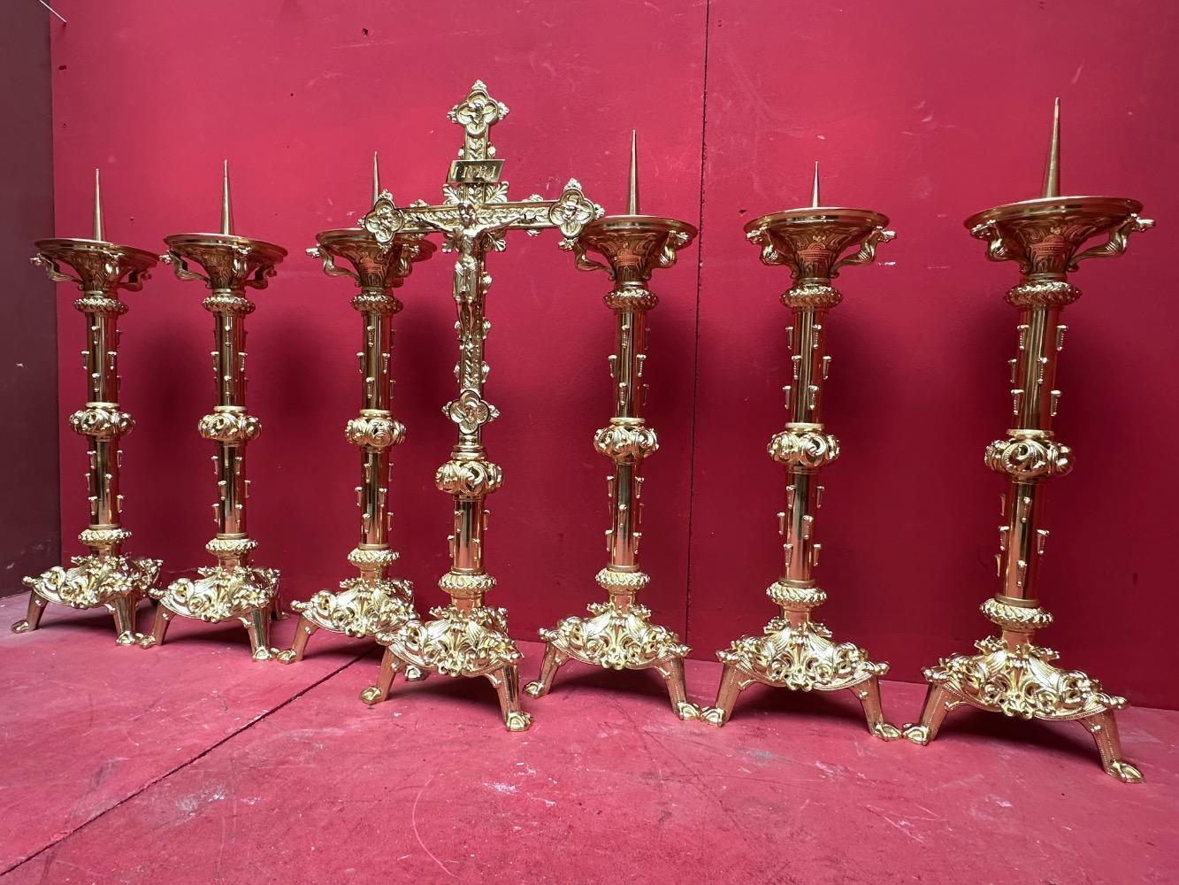 7 Romanesque - Style Altar - Set Matching Candle Sticks With Cross. Measures Candle Sticks Without Pin