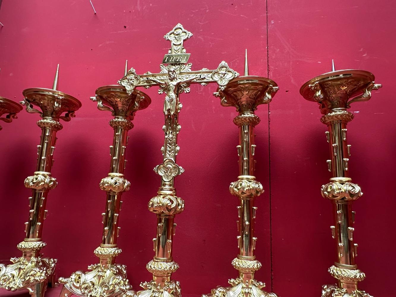 7 Romanesque - Style Altar - Set Matching Candle Sticks With Cross. Measures Candle Sticks Without Pin