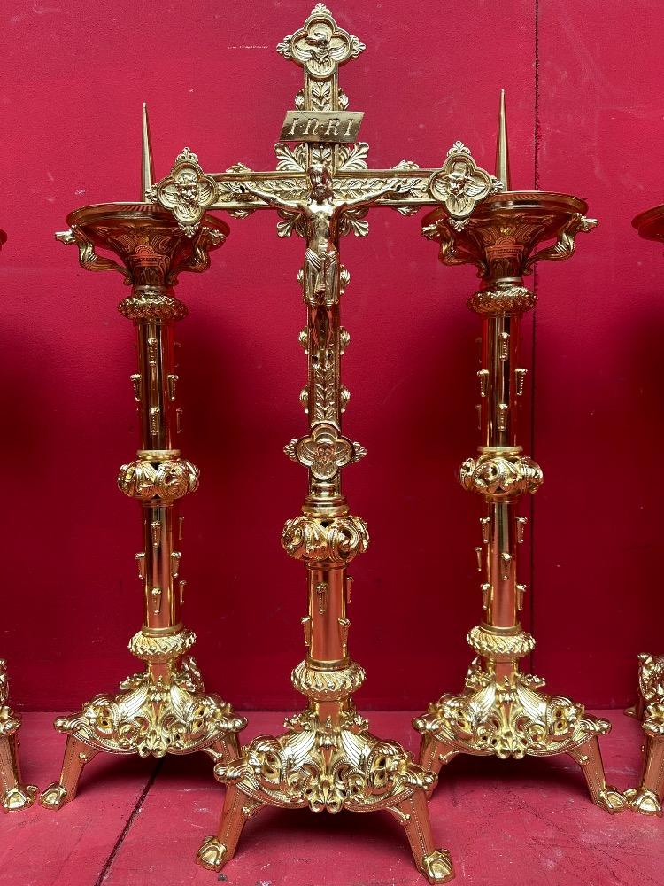 7 Romanesque - Style Altar - Set Matching Candle Sticks With Cross. Measures Candle Sticks Without Pin