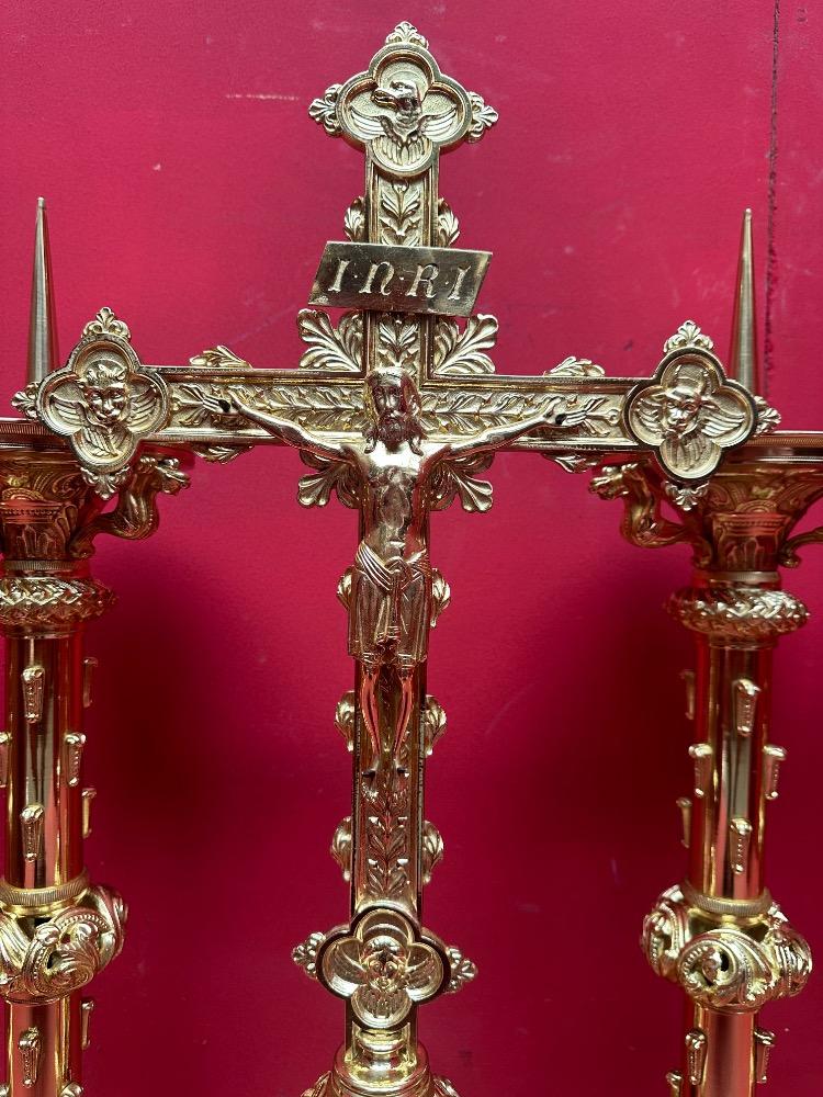 7 Romanesque - Style Altar - Set Matching Candle Sticks With Cross. Measures Candle Sticks Without Pin